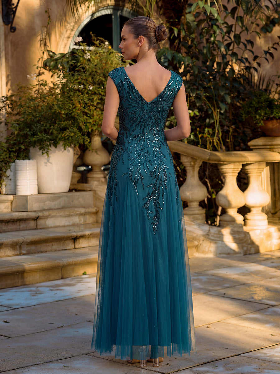 robe longue sans manches décolletée en V brodée de fleurs en A #Couleur_Bleu Sarcelle