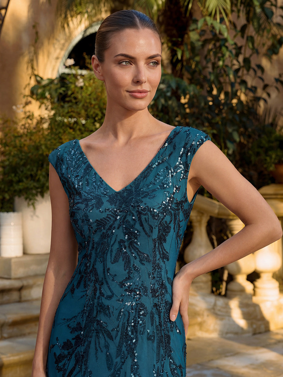 robe longue sans manches décolletée en V brodée de fleurs en A #Couleur_Bleu Sarcelle
