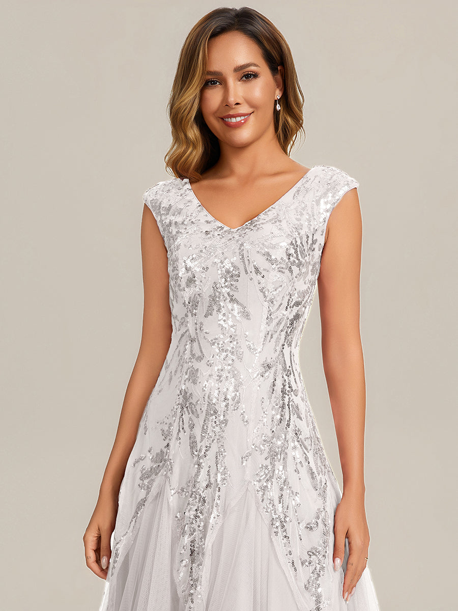 robe longue sans manches décolletée en V brodée de fleurs en A #Couleur_Blanc