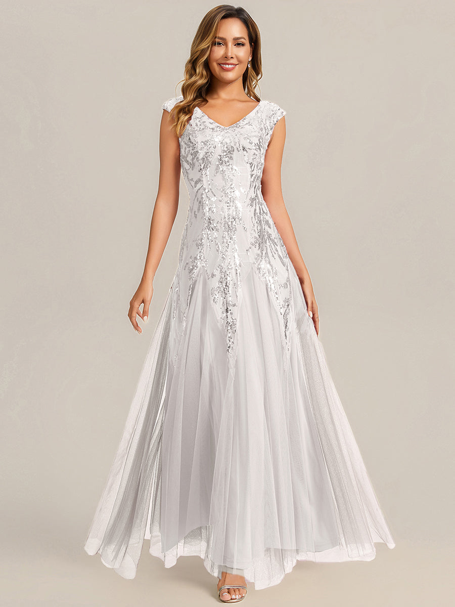 robe longue sans manches décolletée en V brodée de fleurs en A #Couleur_Blanc