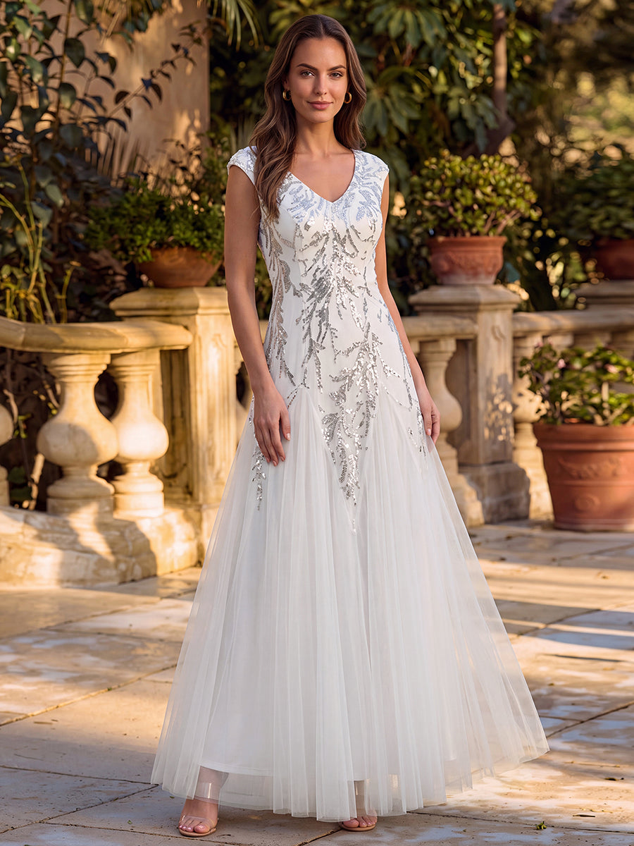robe longue sans manches décolletée en V brodée de fleurs en A #Couleur_Blanc