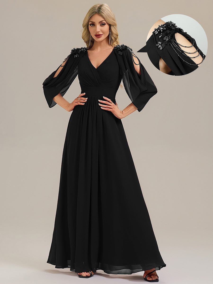 Robe de soirée chic à manches mi-longues en imprimé floral avec appliqués décolleté en V profond coupe A longueur de sol avec détails en perles #Couleur_Noir