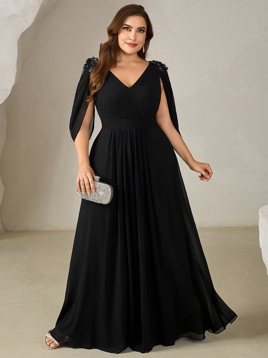 Robe de soirée chic à manches mi-longues en imprimé floral avec appliqués décolleté en V profond coupe A longueur de sol avec détails en perles #Couleur_Noir