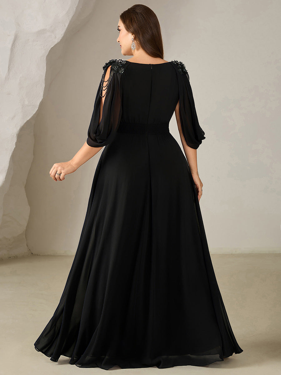 Robe de soirée chic à manches mi-longues en imprimé floral avec appliqués décolleté en V profond coupe A longueur de sol avec détails en perles #Couleur_Noir
