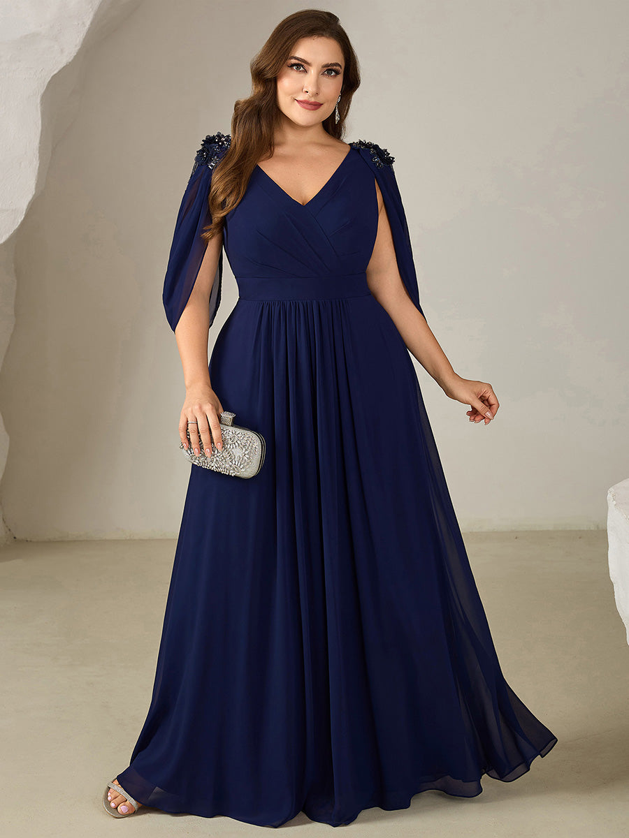 Robe de soirée chic à manches mi-longues en imprimé floral avec appliqués décolleté en V profond coupe A longueur de sol avec détails en perles #Couleur_Bleu Marine