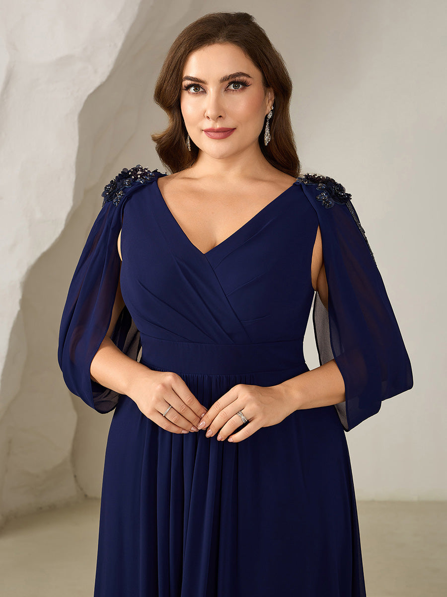 Robe de soirée chic à manches mi-longues en imprimé floral avec appliqués décolleté en V profond coupe A longueur de sol avec détails en perles #Couleur_Bleu Marine