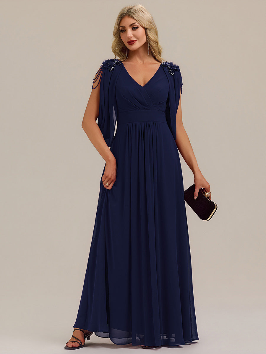 Robe de soirée chic à manches mi-longues en imprimé floral avec appliqués décolleté en V profond coupe A longueur de sol avec détails en perles #Couleur_Bleu Marine