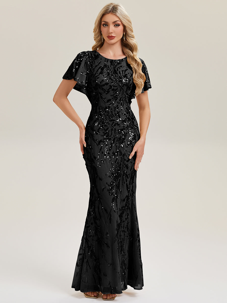 Robe de soirée chic à manches courtes en tissu extensible avec fente haute sur la cuisse et détails en sequins longueur maxi #Couleur_Noir