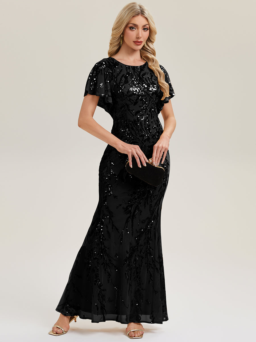 Robe de soirée chic à manches courtes en tissu extensible avec fente haute sur la cuisse et détails en sequins longueur maxi #Couleur_Noir