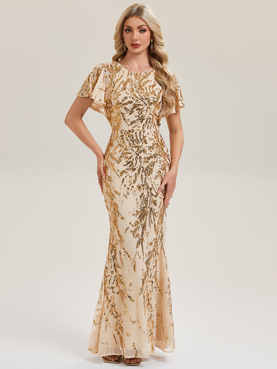 Robe de soirée chic à manches courtes en tissu extensible avec fente haute sur la cuisse et détails en sequins longueur maxi #Couleur_Dorée