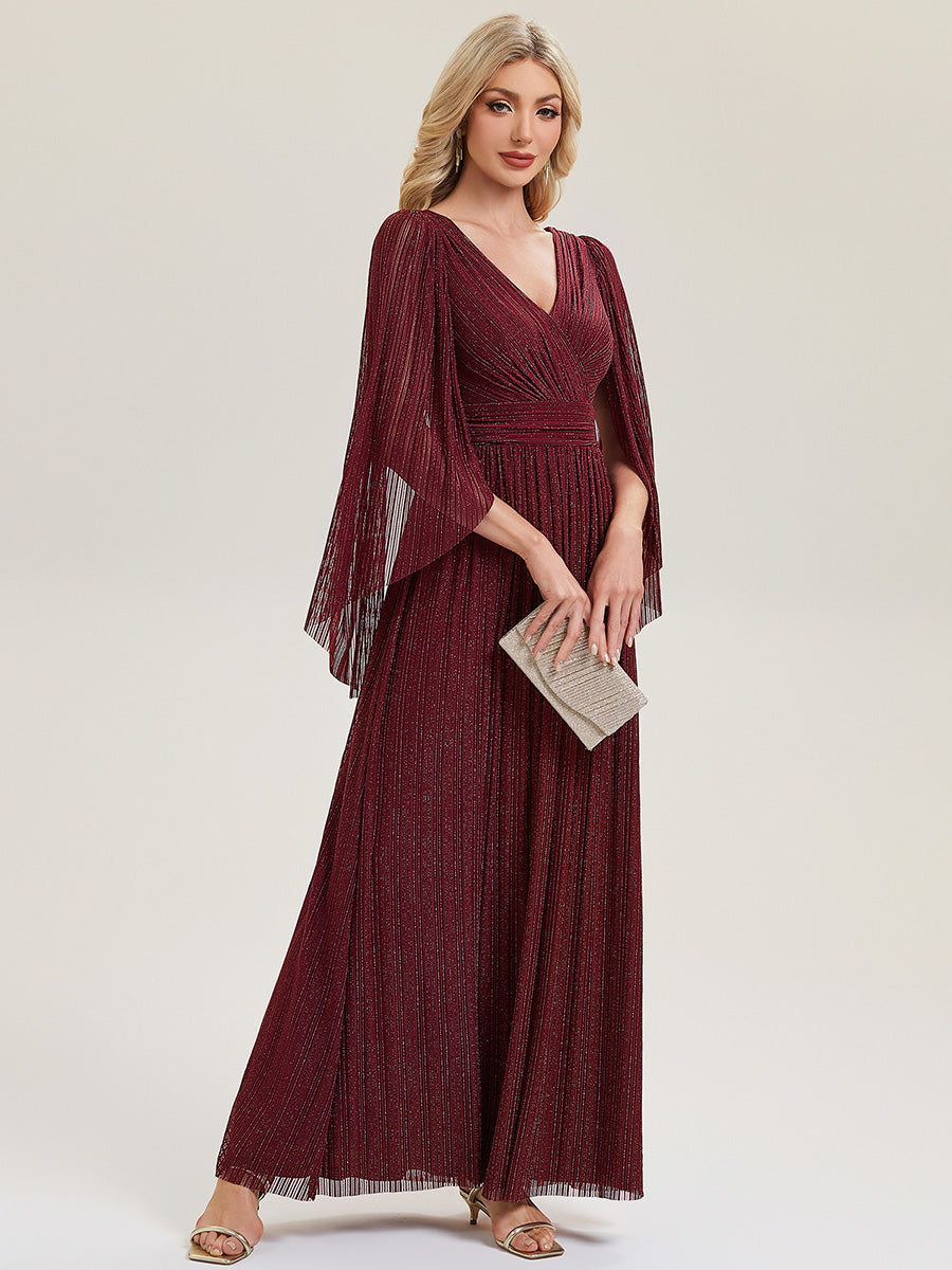 Robe longue à manches longues en batwing décolleté en V et coupe A #Couleur_Bordeaux