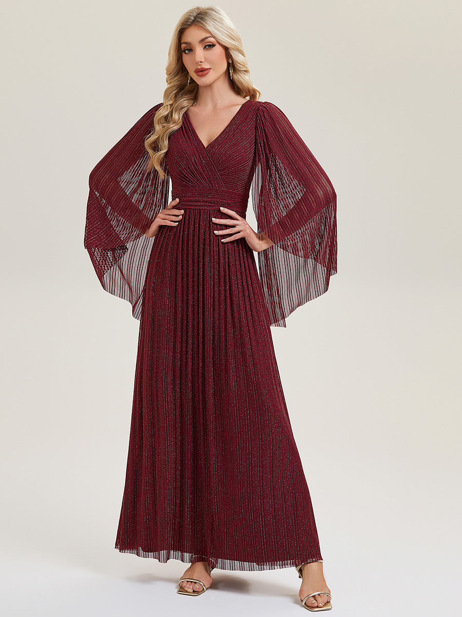 Robe longue à manches longues en batwing décolleté en V et coupe A #Couleur_Bordeaux