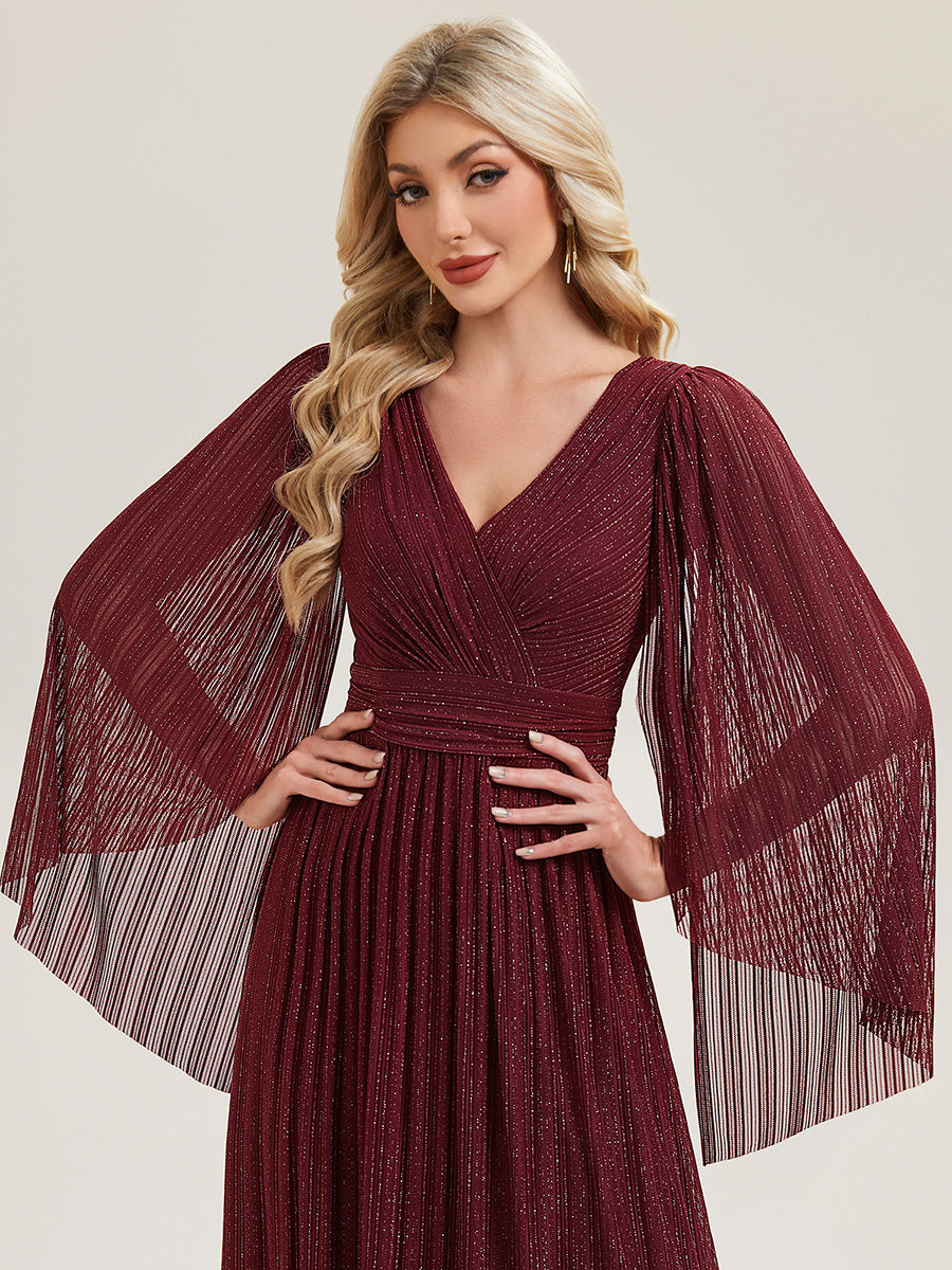 Robe longue à manches longues en batwing décolleté en V et coupe A #Couleur_Bordeaux