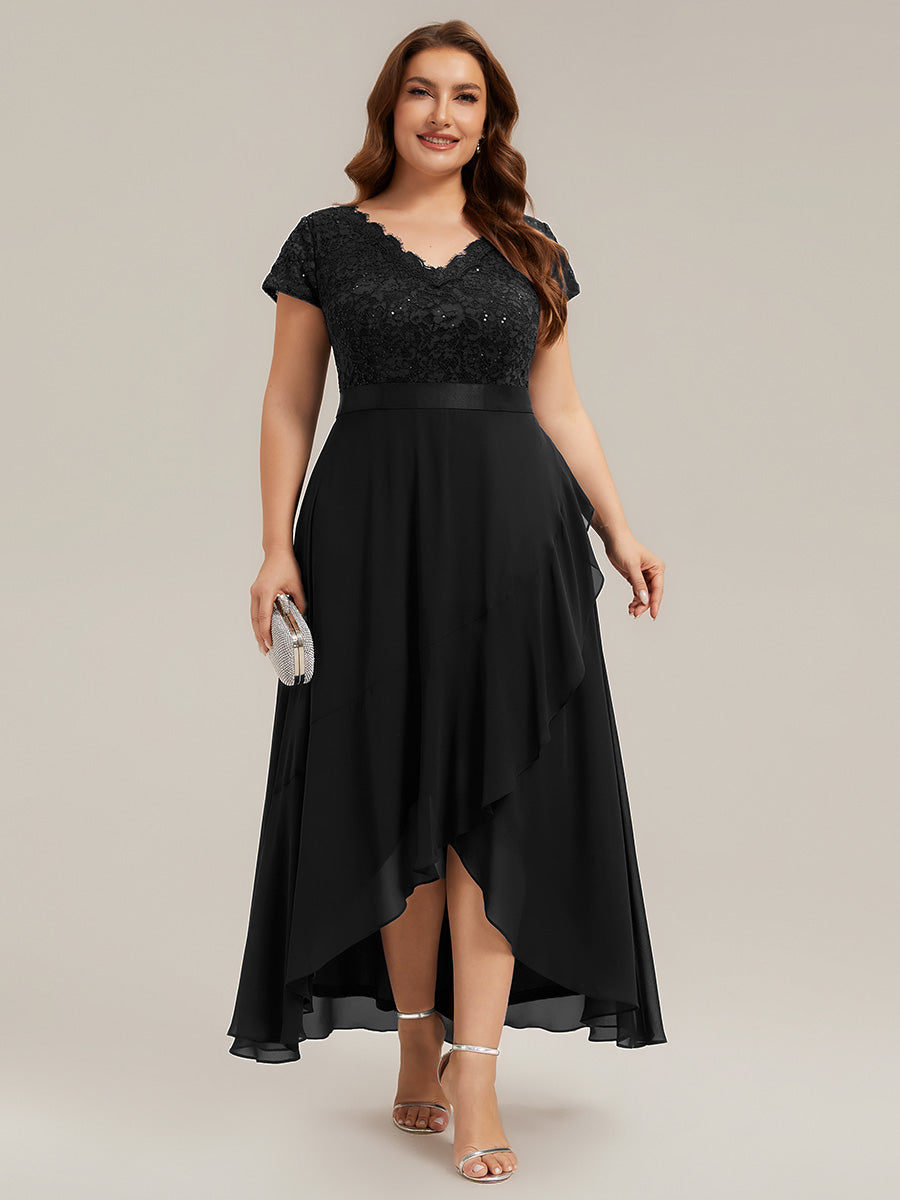 robe asymétrique à encolure en V profonde à manches courtes avec volants et patchwork à ourlet haut bas #Couleur_Noir