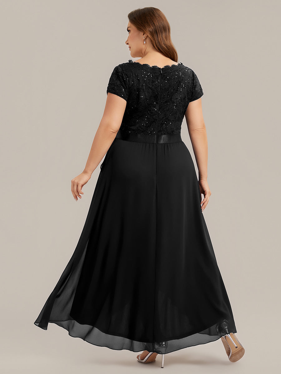 robe asymétrique à encolure en V profonde à manches courtes avec volants et patchwork à ourlet haut bas #Couleur_Noir