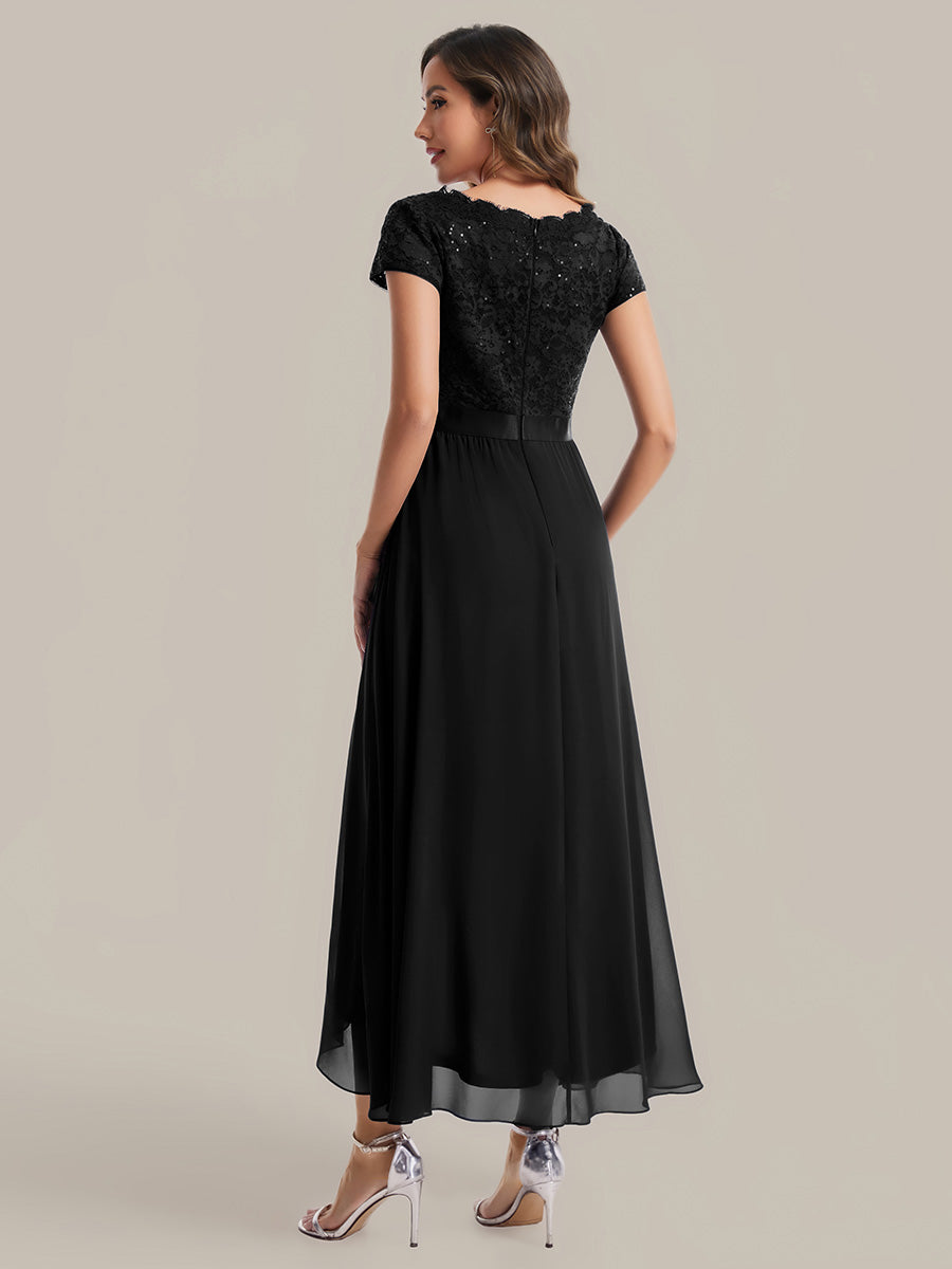 robe asymétrique à encolure en V profonde à manches courtes avec volants et patchwork à ourlet haut bas #Couleur_Noir