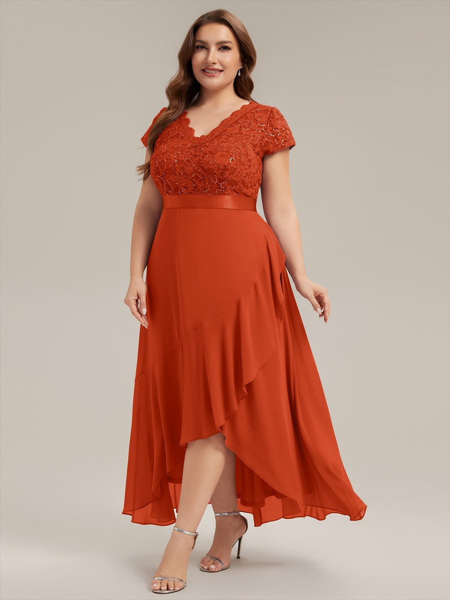 robe asymétrique à encolure en V profonde à manches courtes avec volants et patchwork à ourlet haut bas #Couleur_Burnt Orange