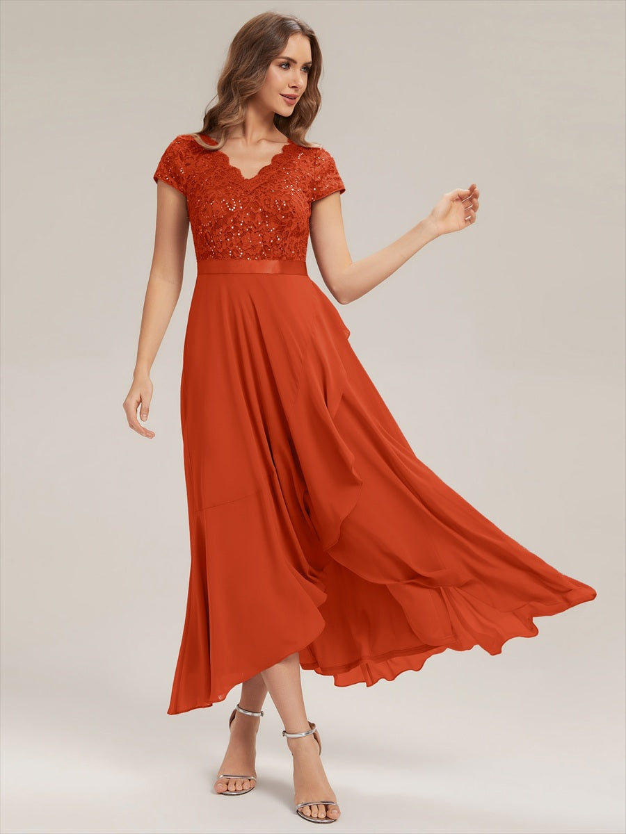 robe asymétrique à encolure en V profonde à manches courtes avec volants et patchwork à ourlet haut bas #Couleur_Burnt Orange