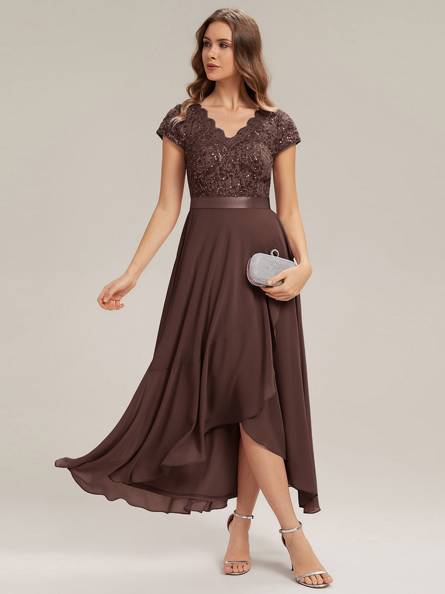 robe asymétrique à encolure en V profonde à manches courtes avec volants et patchwork à ourlet haut bas #Couleur_Marron chocolat