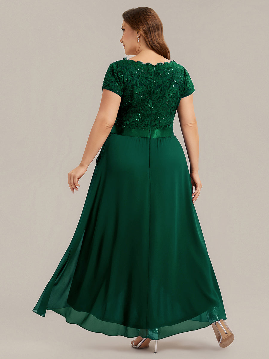 robe asymétrique à encolure en V profonde à manches courtes avec volants et patchwork à ourlet haut bas #Couleur_Vert Fonce