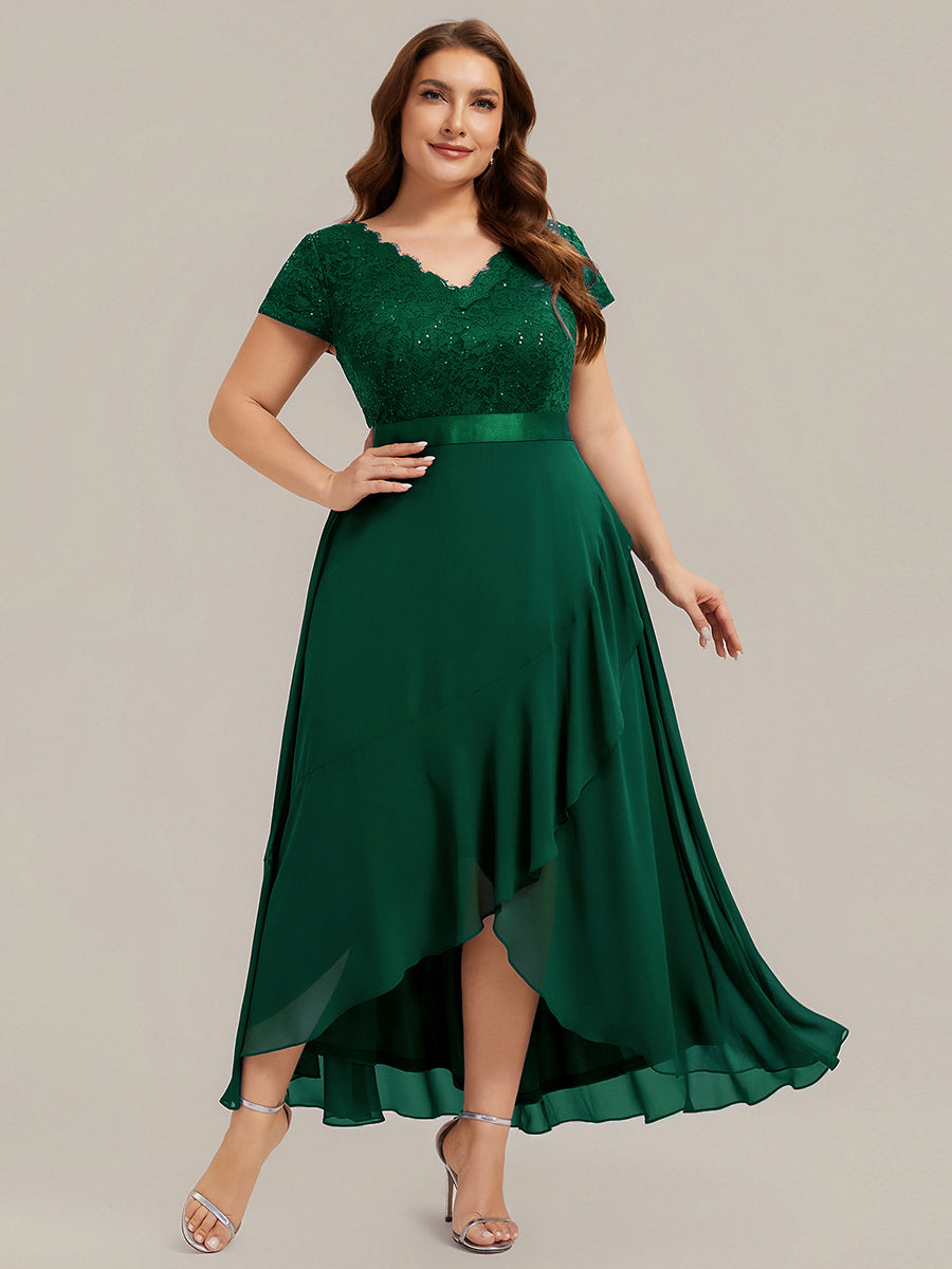 robe asymétrique à encolure en V profonde à manches courtes avec volants et patchwork à ourlet haut bas #Couleur_Vert Fonce