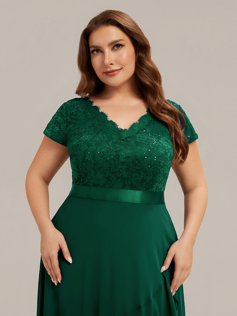 robe asymétrique à encolure en V profonde à manches courtes avec volants et patchwork à ourlet haut bas #Couleur_Vert Fonce