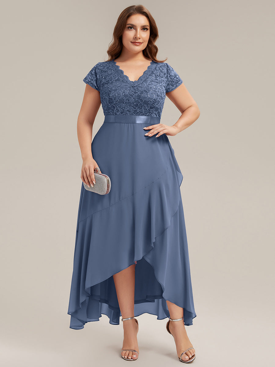 robe asymétrique à encolure en V profonde à manches courtes avec volants et patchwork à ourlet haut bas #Couleur_Marine Fume