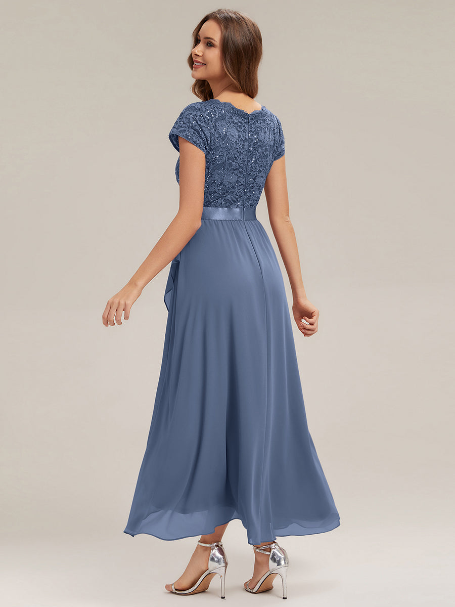 robe asymétrique à encolure en V profonde à manches courtes avec volants et patchwork à ourlet haut bas #Couleur_Marine Fume
