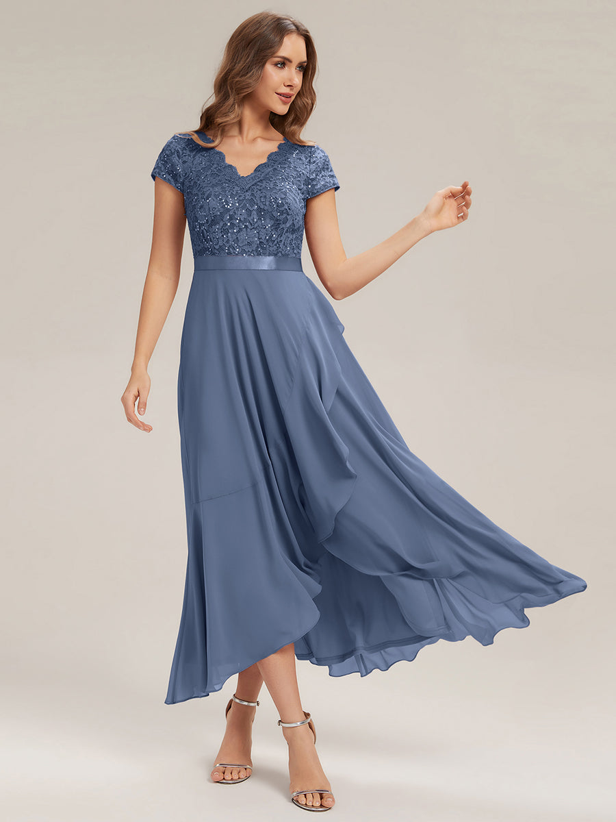 robe asymétrique à encolure en V profonde à manches courtes avec volants et patchwork à ourlet haut bas #Couleur_Marine Fume