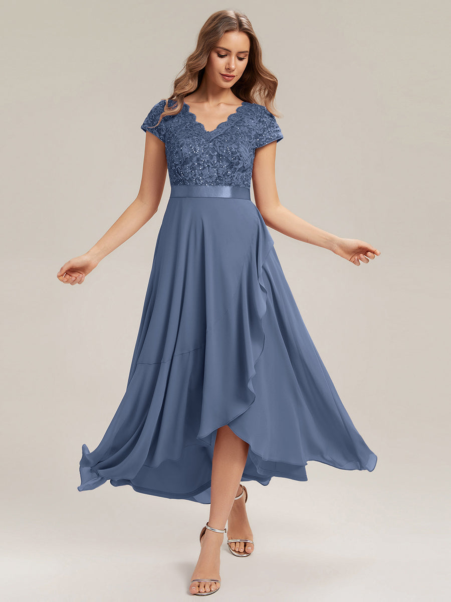 robe asymétrique à encolure en V profonde à manches courtes avec volants et patchwork à ourlet haut bas #Couleur_Marine Fume