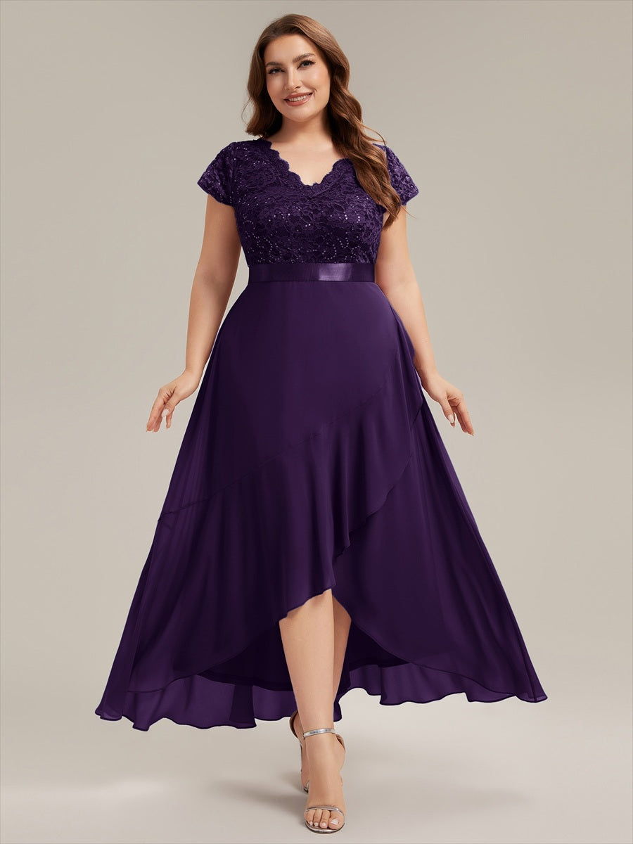 robe asymétrique à encolure en V profonde à manches courtes avec volants et patchwork à ourlet haut bas #Couleur_Violet Fonce