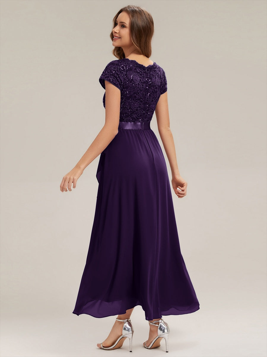 robe asymétrique à encolure en V profonde à manches courtes avec volants et patchwork à ourlet haut bas #Couleur_Violet Fonce