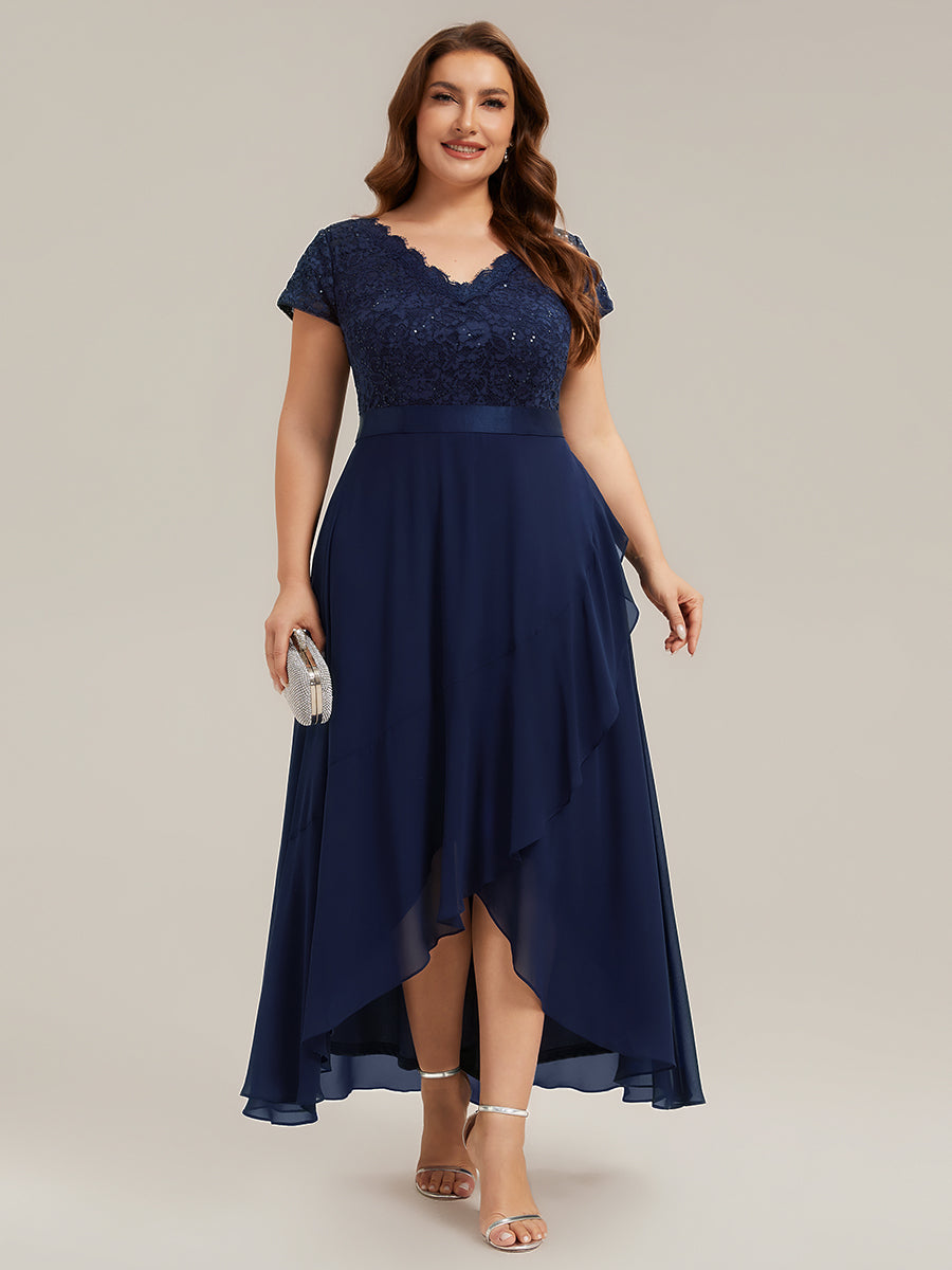 robe asymétrique à encolure en V profonde à manches courtes avec volants et patchwork à ourlet haut bas #Couleur_Bleu Marine
