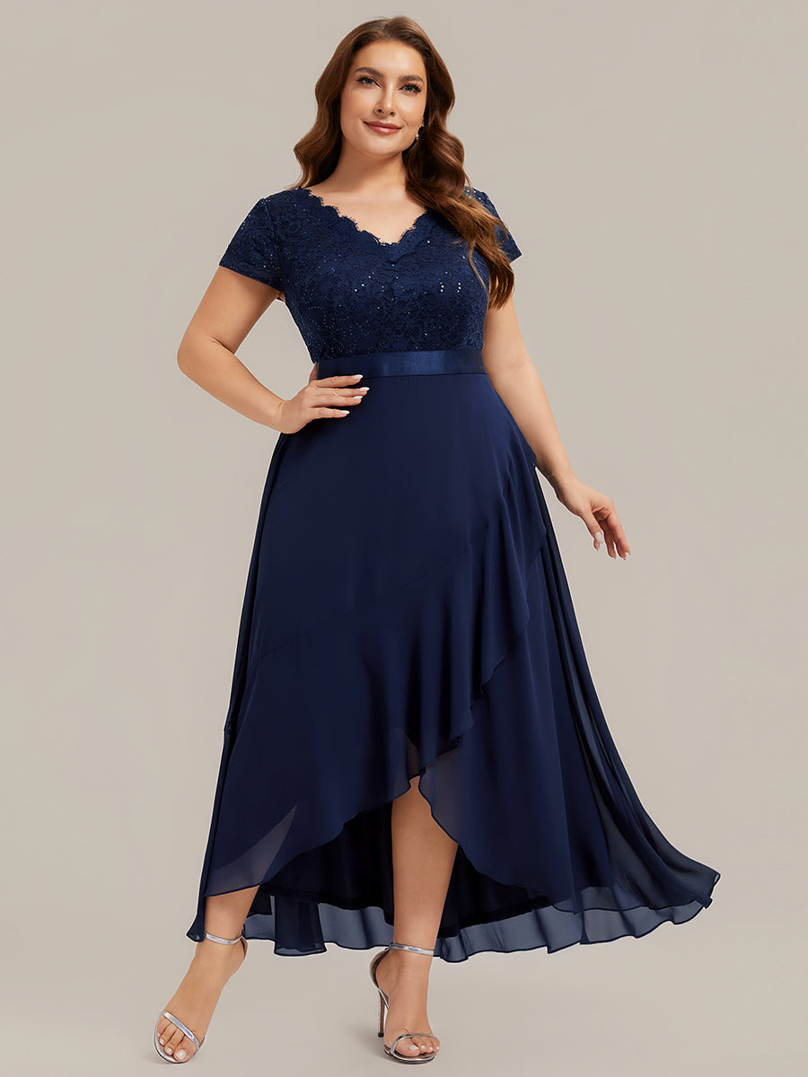 robe asymétrique à encolure en V profonde à manches courtes avec volants et patchwork à ourlet haut bas #Couleur_Bleu Marine