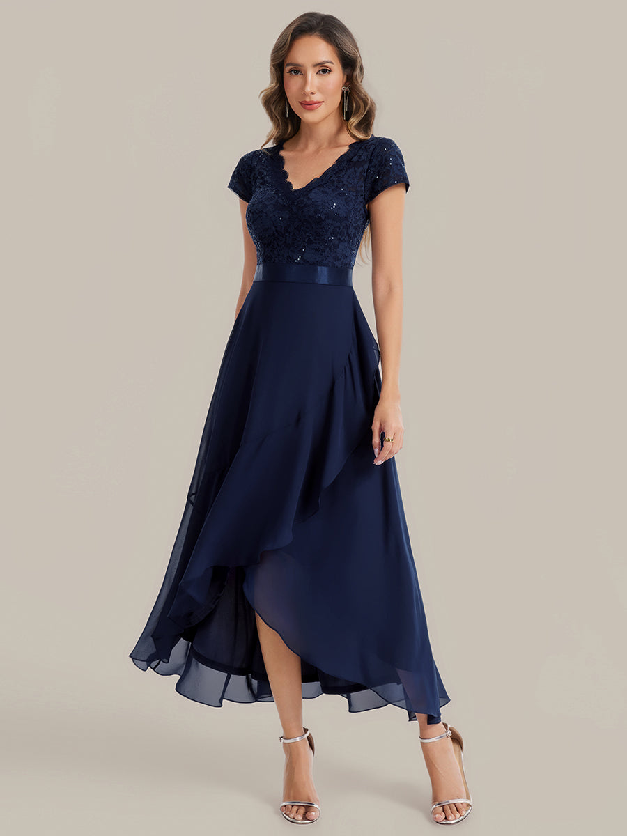 robe asymétrique à encolure en V profonde à manches courtes avec volants et patchwork à ourlet haut bas #Couleur_Bleu Marine