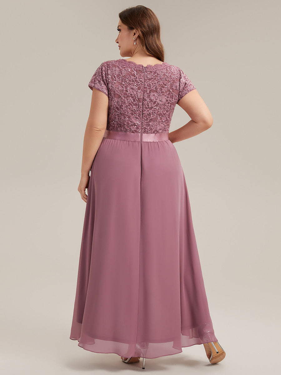 robe asymétrique à encolure en V profonde à manches courtes avec volants et patchwork à ourlet haut bas #Couleur_Orchidee