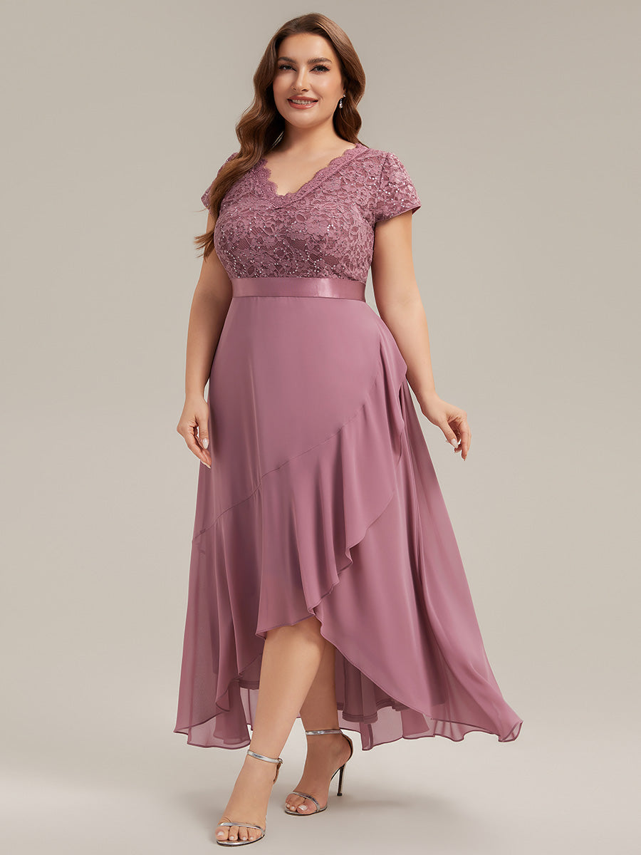 robe asymétrique à encolure en V profonde à manches courtes avec volants et patchwork à ourlet haut bas #Couleur_Orchidee