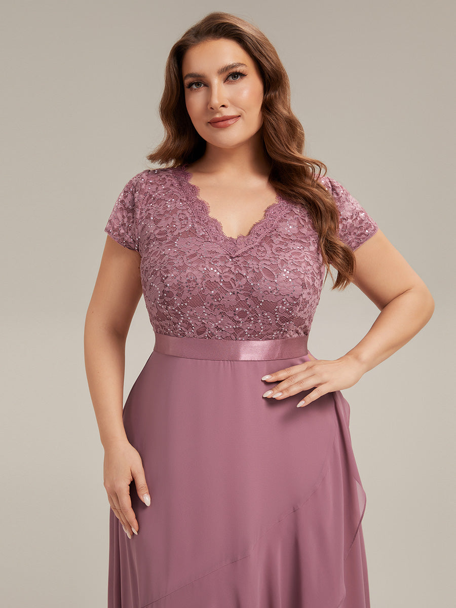 robe asymétrique à encolure en V profonde à manches courtes avec volants et patchwork à ourlet haut bas #Couleur_Orchidee