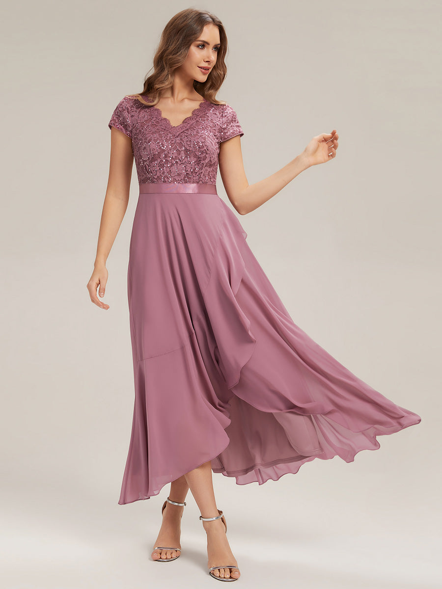 robe asymétrique à encolure en V profonde à manches courtes avec volants et patchwork à ourlet haut bas #Couleur_Orchidee