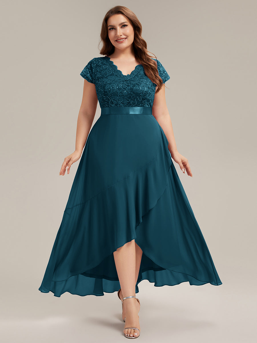 robe asymétrique à encolure en V profonde à manches courtes avec volants et patchwork à ourlet haut bas #Couleur_Bleu Sarcelle