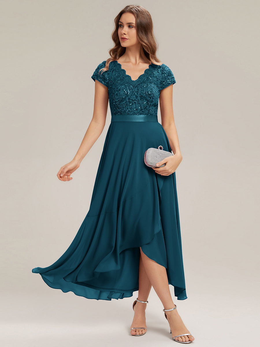 robe asymétrique à encolure en V profonde à manches courtes avec volants et patchwork à ourlet haut bas #Couleur_Bleu Sarcelle