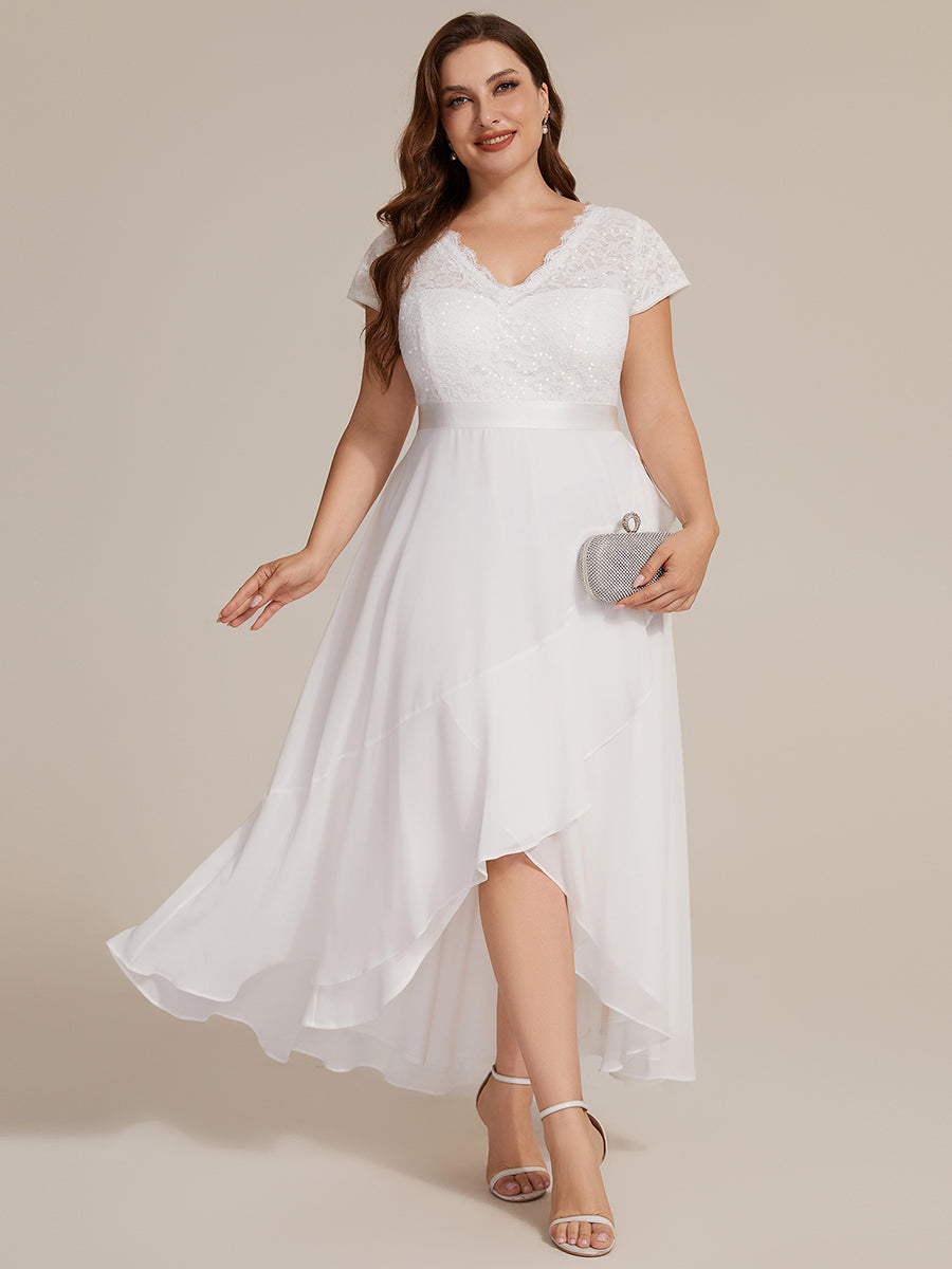 robe asymétrique à encolure en V profonde à manches courtes avec volants et patchwork à ourlet haut bas #Couleur_Blanc
