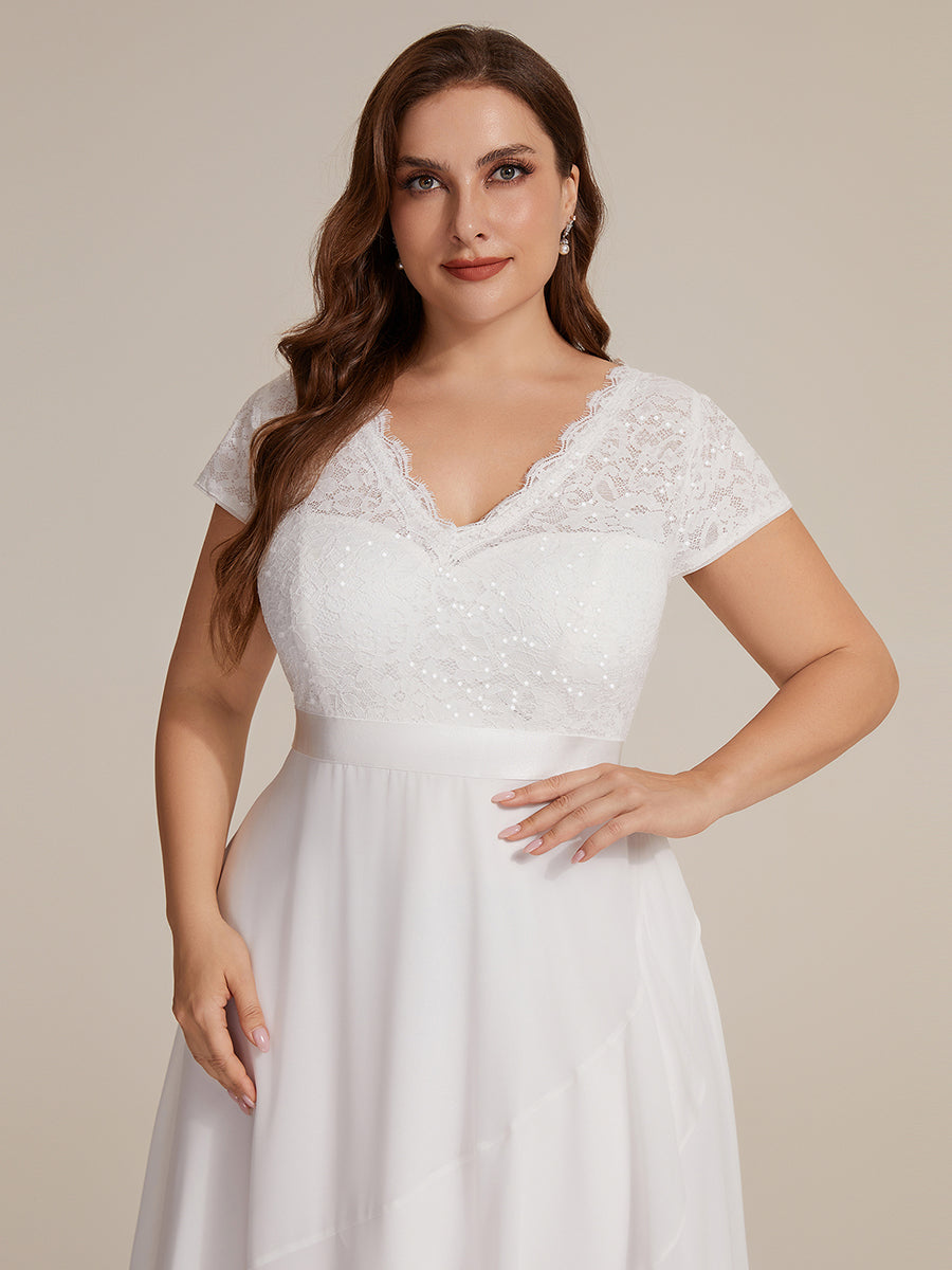 robe asymétrique à encolure en V profonde à manches courtes avec volants et patchwork à ourlet haut bas #Couleur_Blanc