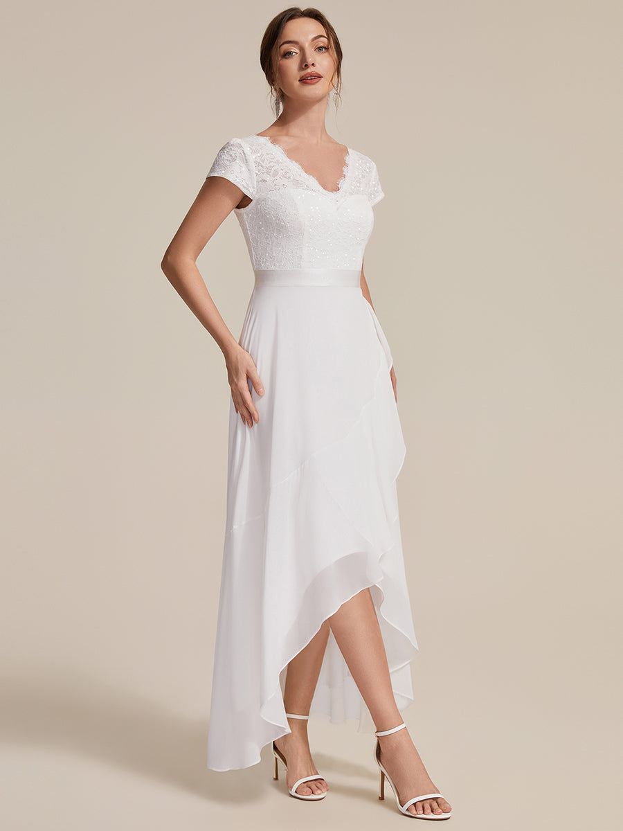 robe asymétrique à encolure en V profonde à manches courtes avec volants et patchwork à ourlet haut bas #Couleur_Blanc