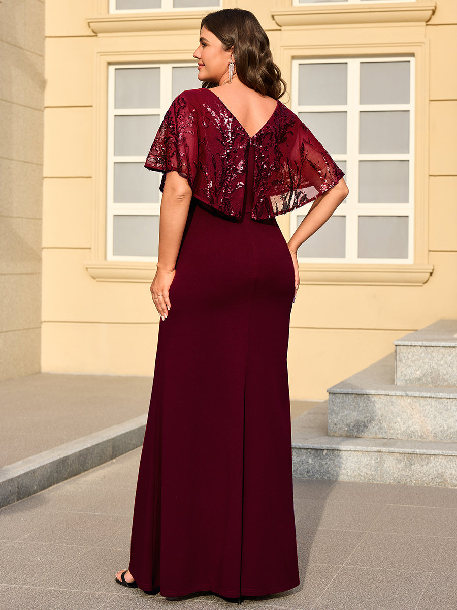 Robe longue sans manches en sequins style sirène décolleté en V #Couleur_Bordeaux