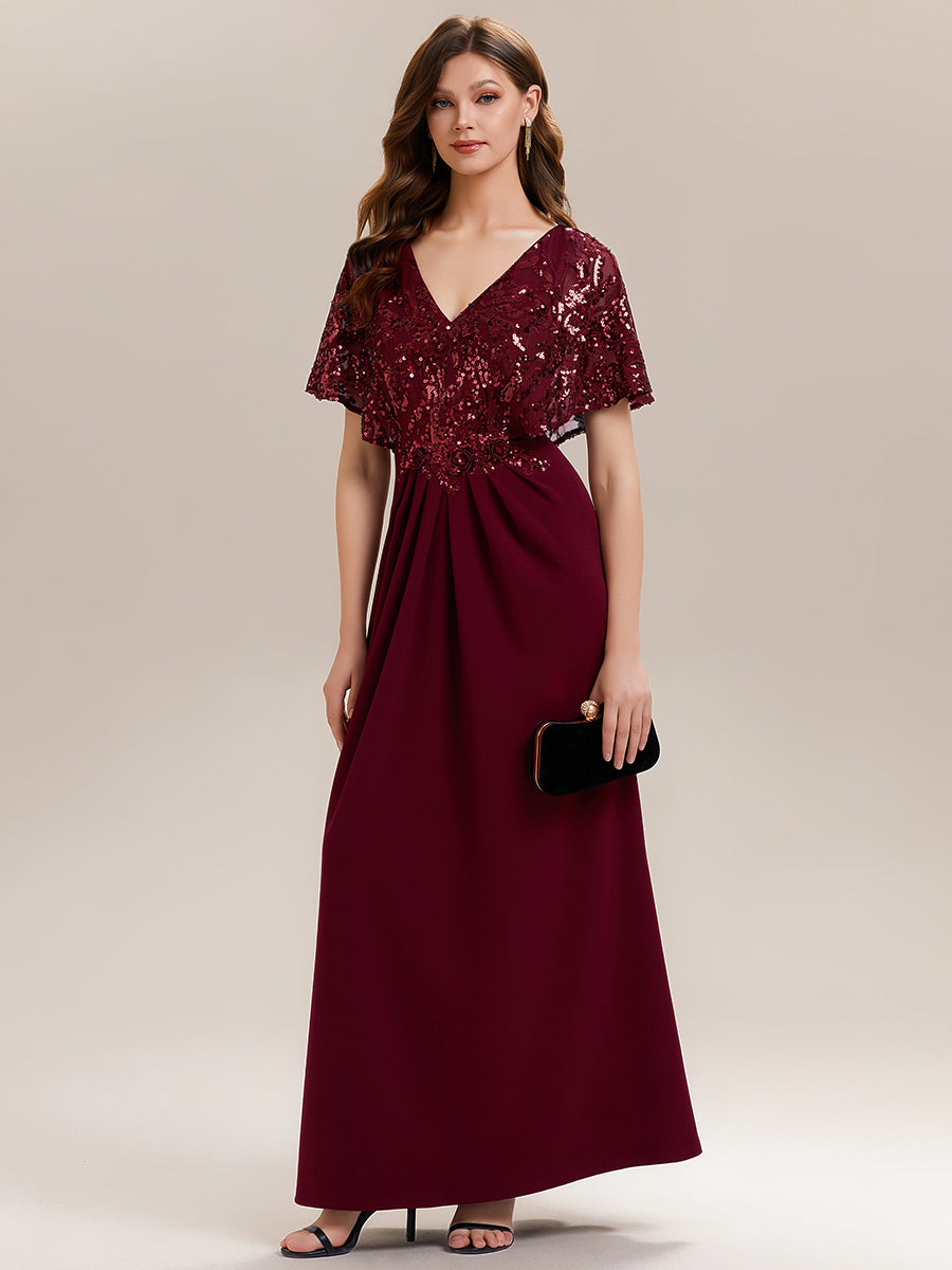 Robe longue sans manches en sequins style sirène décolleté en V #Couleur_Bordeaux
