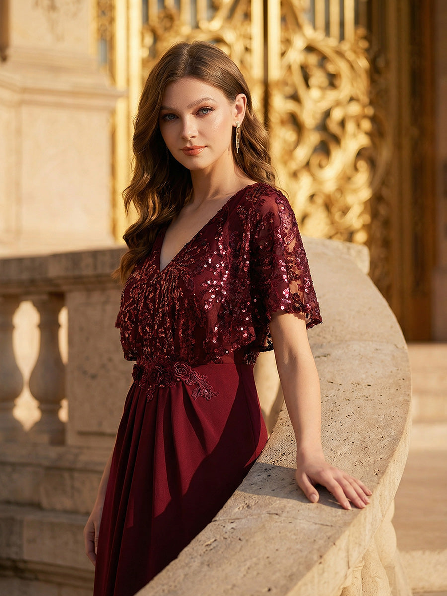 Robe longue sans manches en sequins style sirène décolleté en V #Couleur_Bordeaux