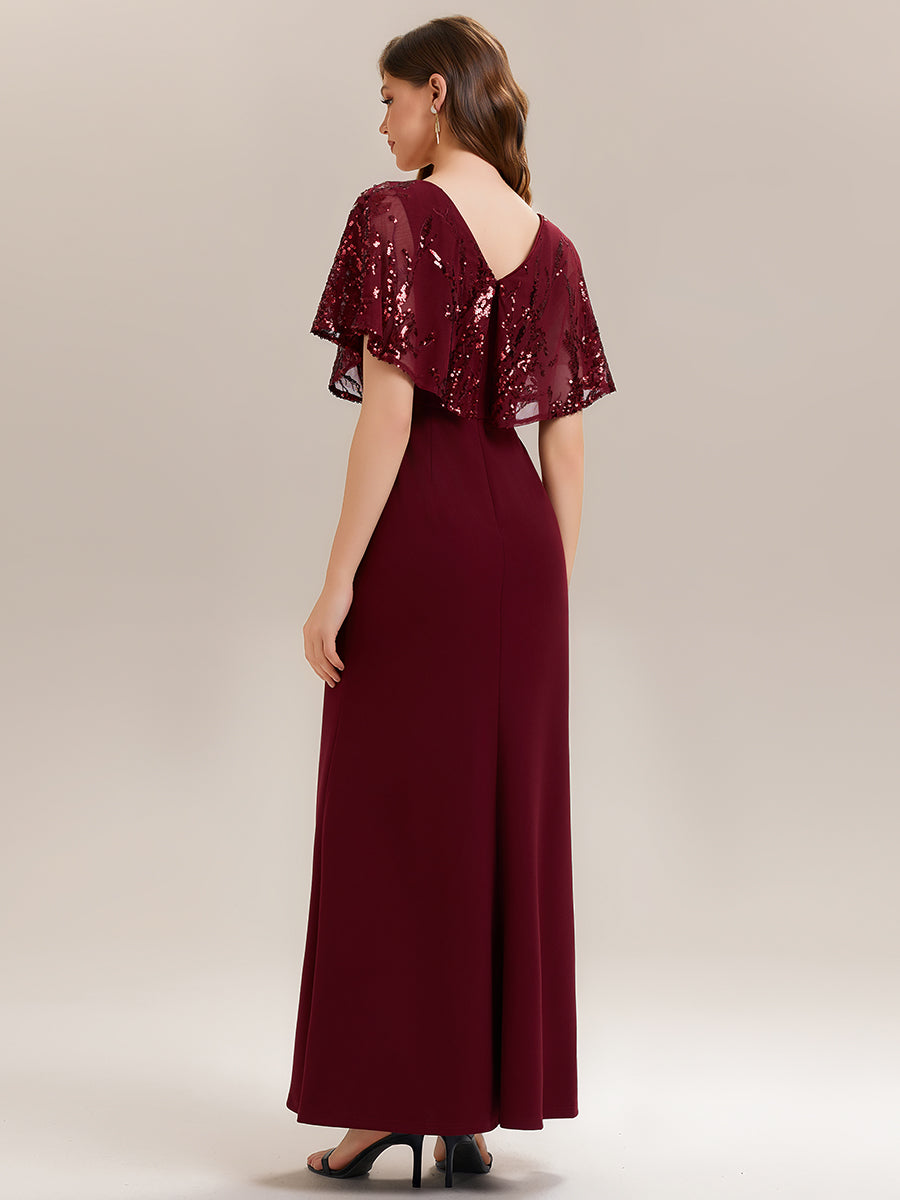 Robe longue sans manches en sequins style sirène décolleté en V #Couleur_Bordeaux