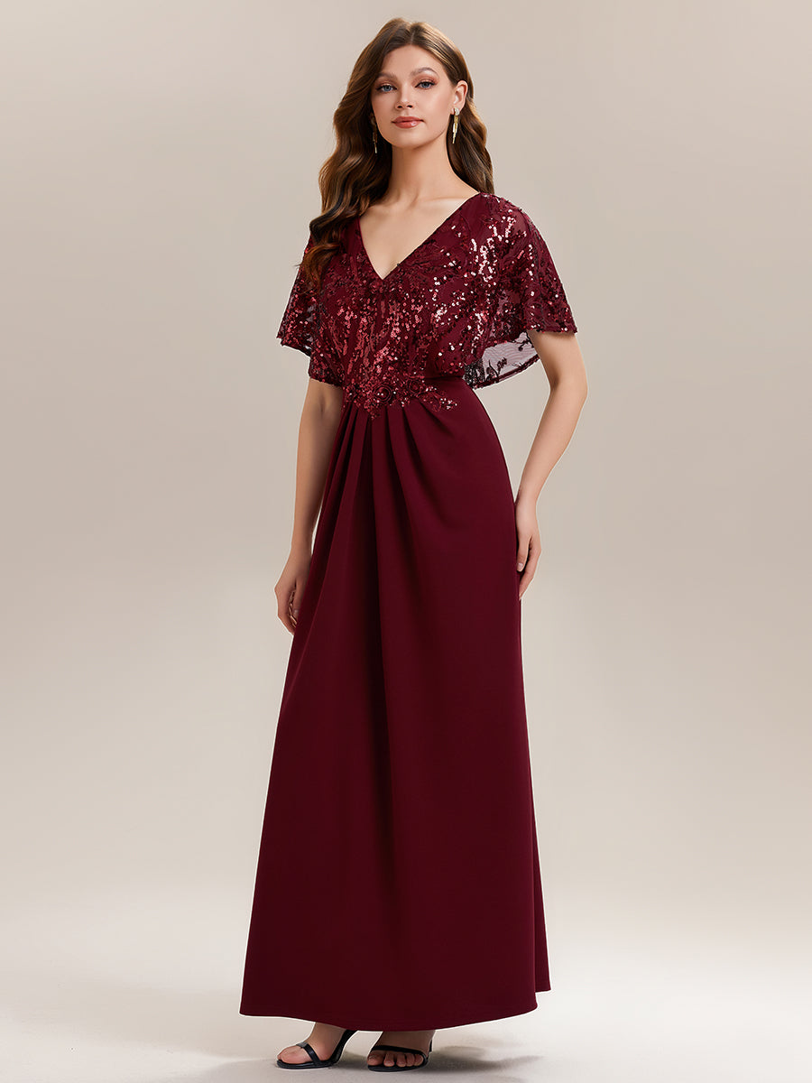 Robe longue sans manches en sequins style sirène décolleté en V #Couleur_Bordeaux