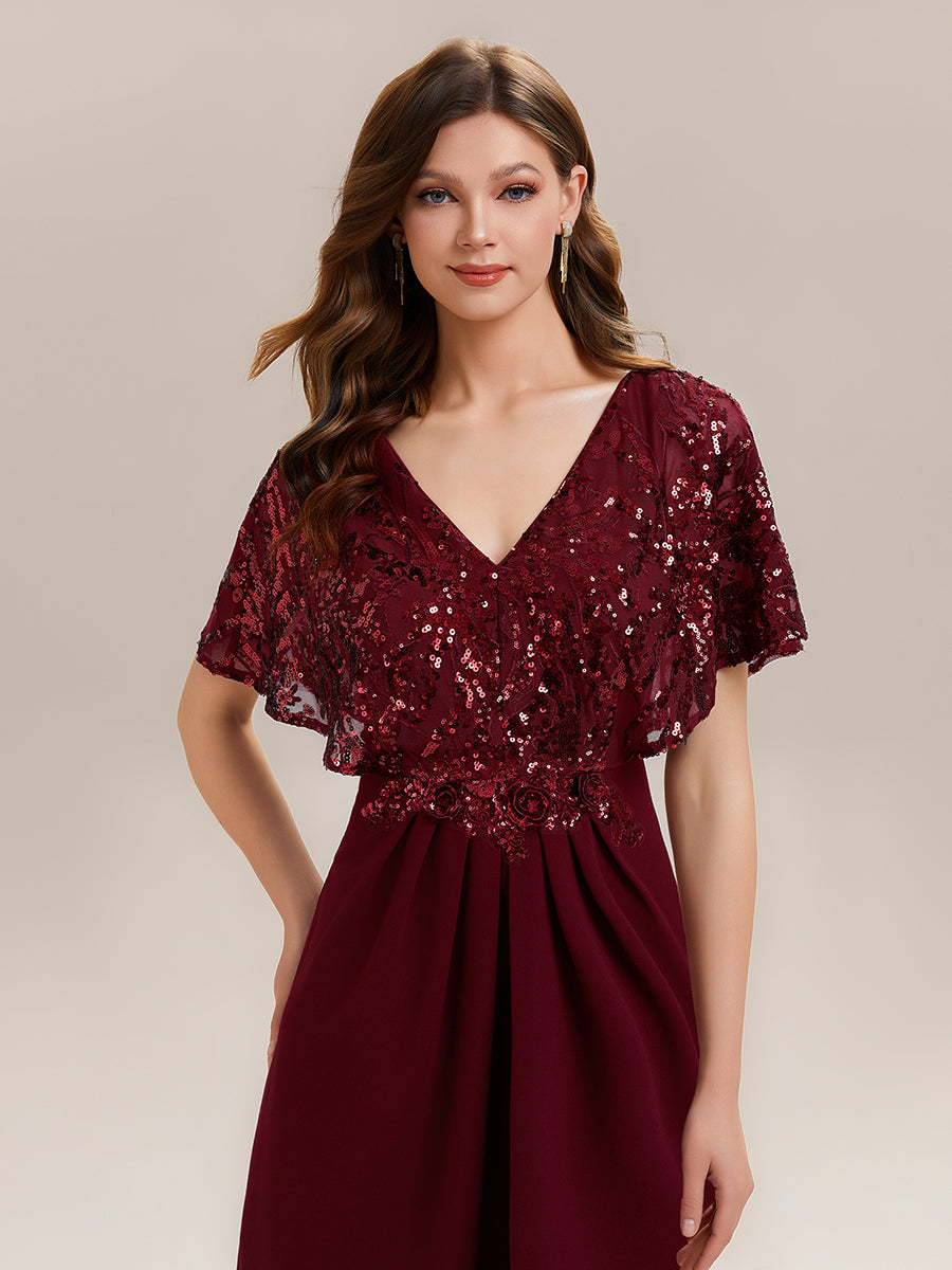 Robe longue sans manches en sequins style sirène décolleté en V #Couleur_Bordeaux